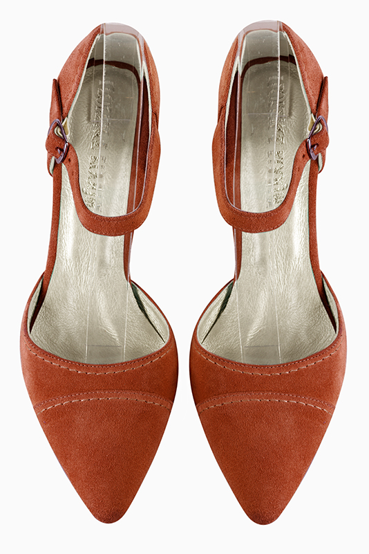 Terracotta orange women's open side shoes, with an instep strap. Tapered toe. Medium block heels. Top view - Florence KOOIJMAN